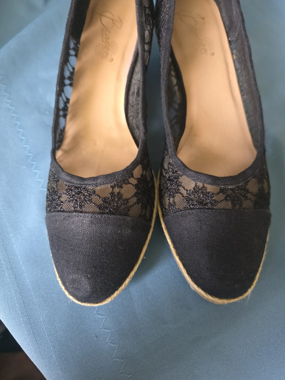 Beacon Black Lace Espadrille Wedge Heels  Size 10N